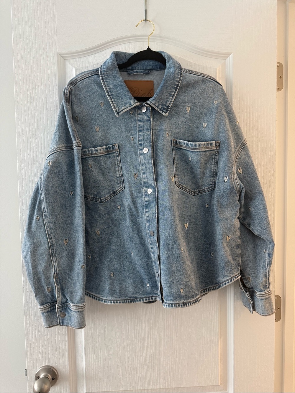 PINK Victoria's Secret Light Blue Heart Embroidered Denim Jacket